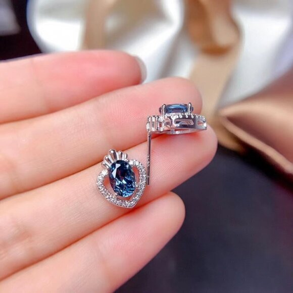 💎 "Hollow Heart Shiny Blue Oval Inlaid Heart Earrings for Women, INDN8623 - Picture 3 of 5